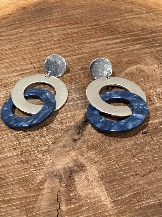 Silver and Navy Blue Interlocking Hoop Drop Earrings - Women Jewelry - Picture 2 of 5
